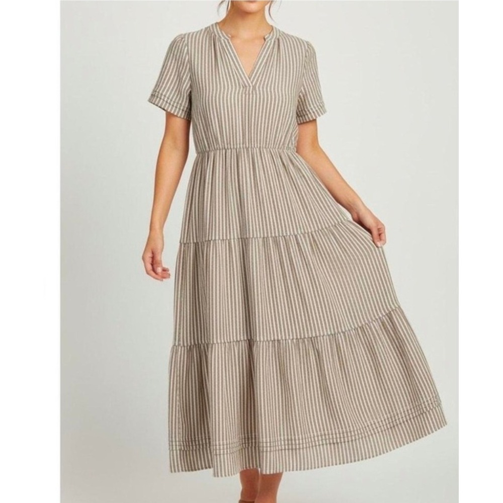 Cynthia Rowley Tan White Striped Linen Blend Tiered Maxi Dress Womens Size L